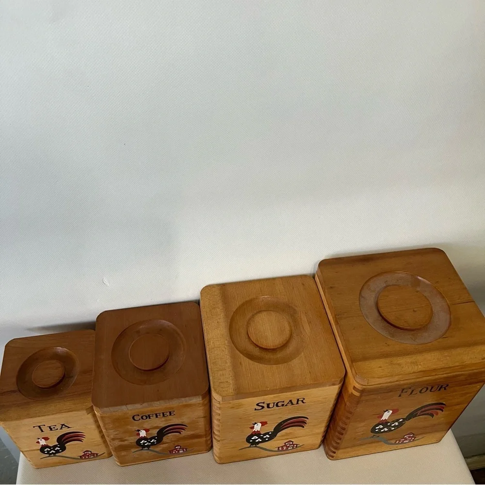 Vintage Wood Hand Painted Rooster Canister Set of 4
